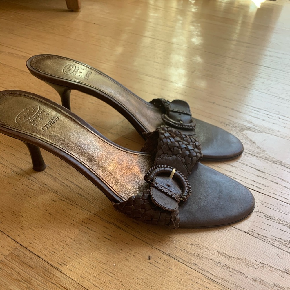Circa Joan and David brown backless kitten heels